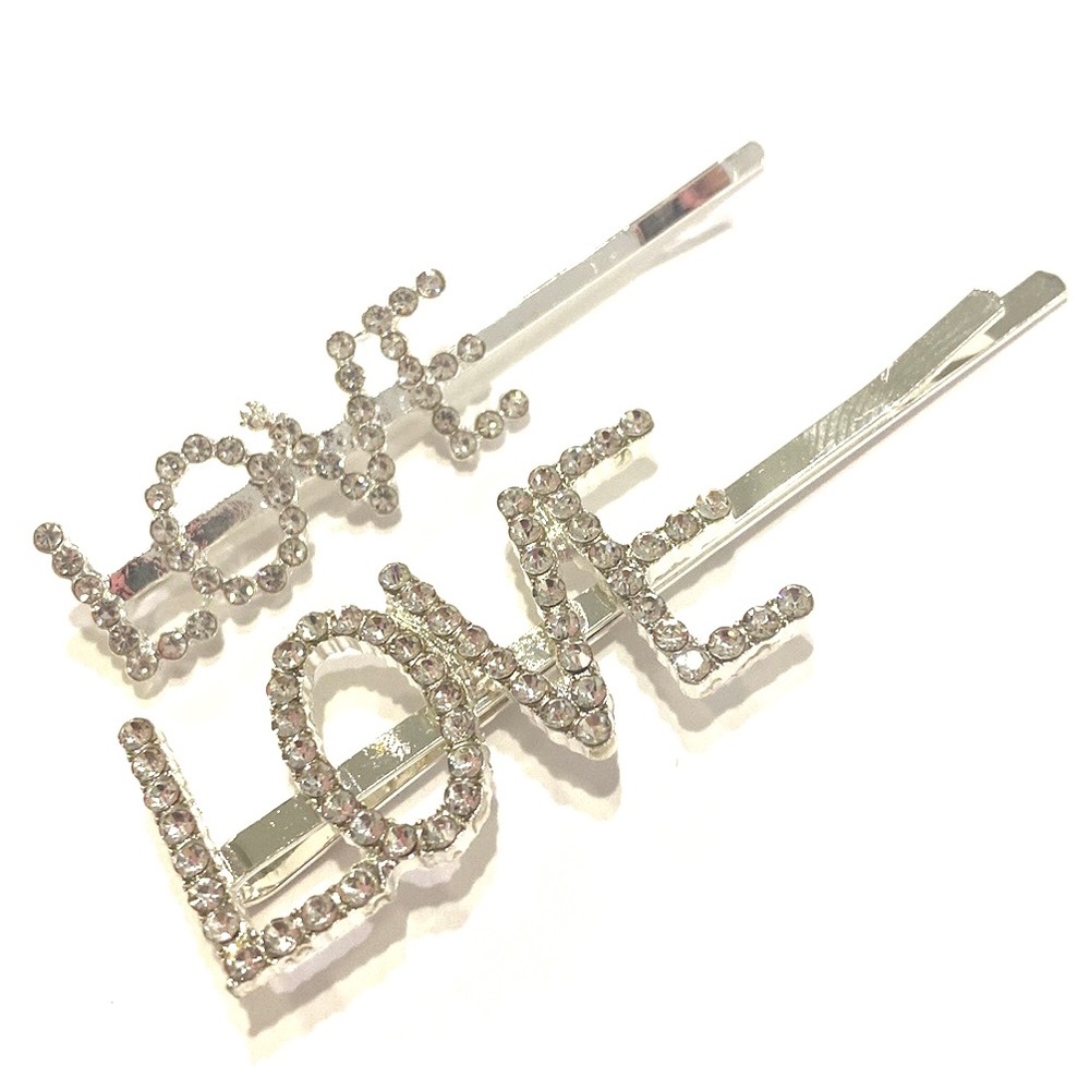 LOVE Hair Pins Set Of 2 Silver Tone Rhinestone Bobby Pins